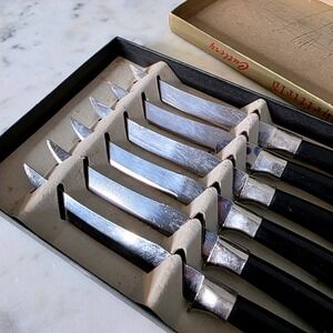 Vtg E Parker Sons Sheffield Set 6 Steak Knives Stainless Stl Silver Black READ